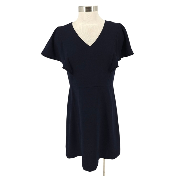 LOFT Dresses & Skirts - Ann Taylor LOFT Fit Flare Dress Navy Blue Fringe Short Sleeve V Neck 8